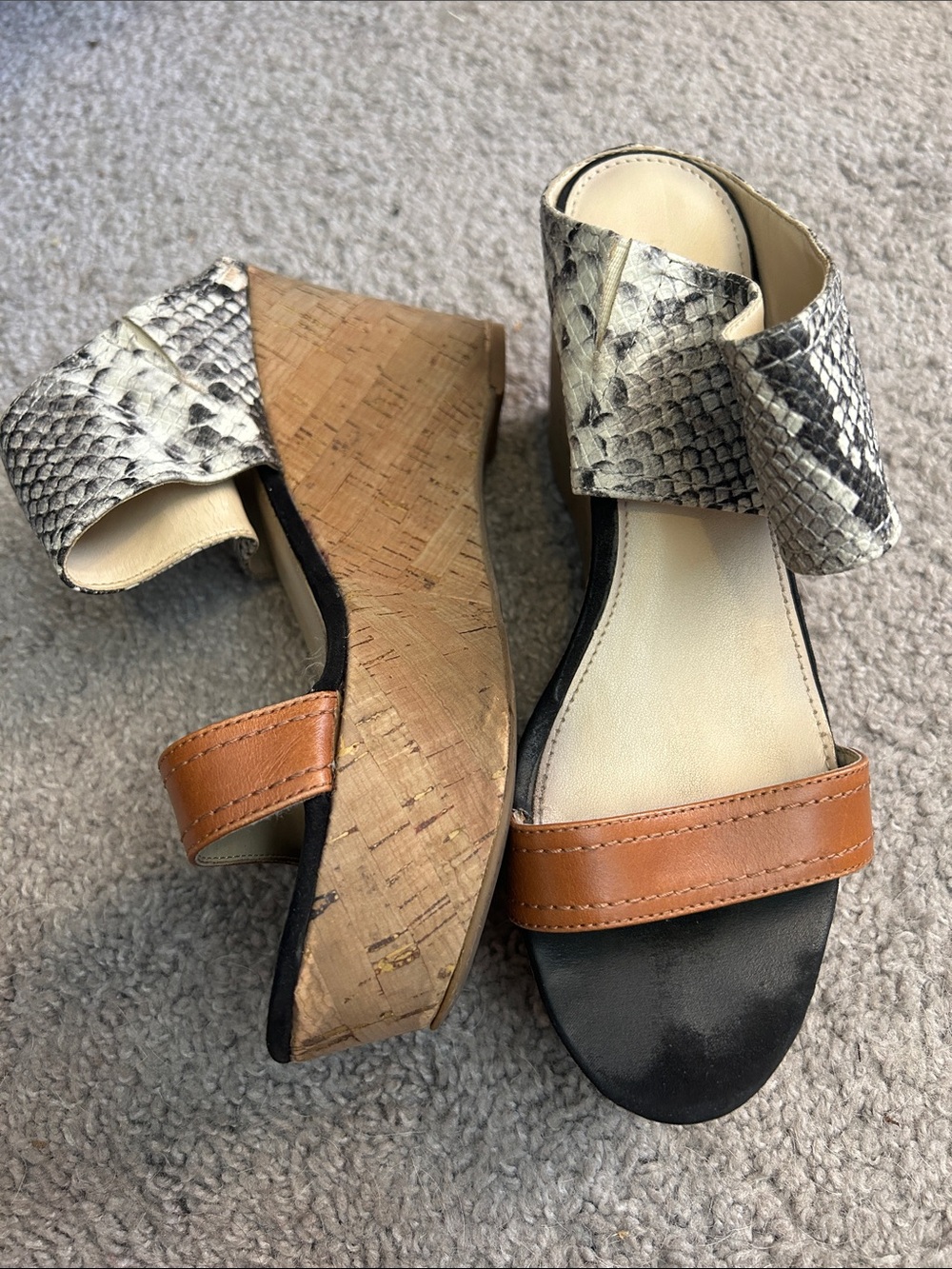 Marc Fisher Shelby Wedge Sandals with Snake-Print Strap and Tan Leather Accent